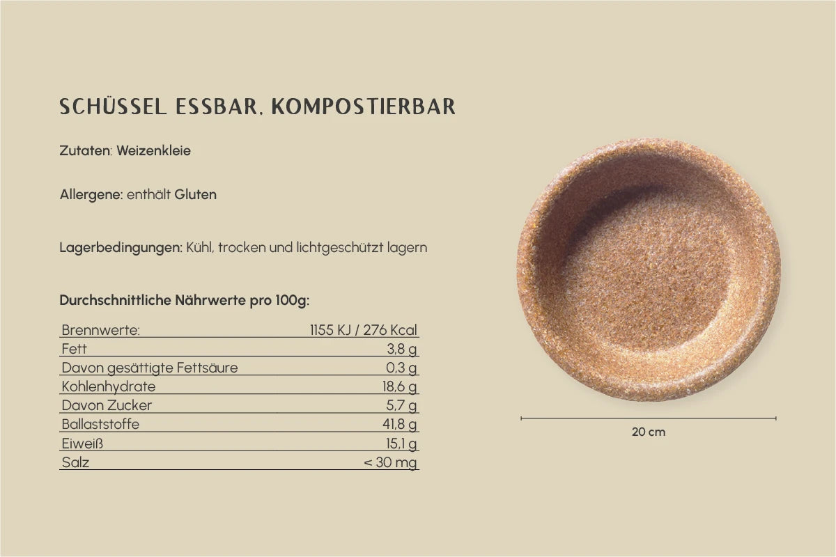 Essbare Schüssel, braun, rund, Ø 20 cm, 500ml, kompostierbar (5er Packung)