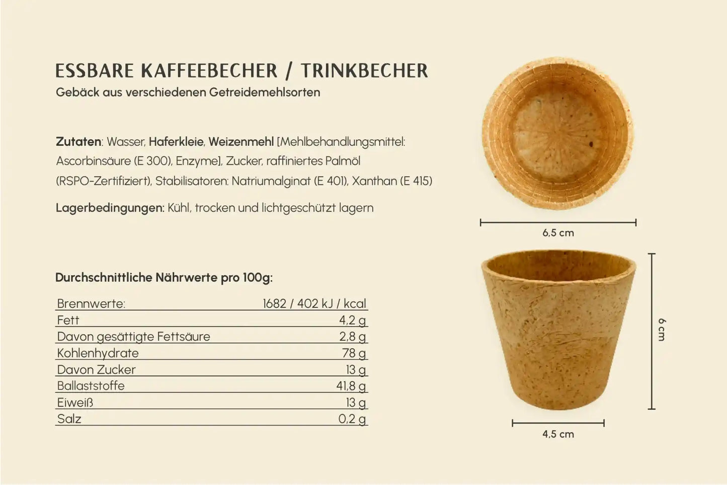 Essbarer Trinkbecher, hell, 110 ml, Ø oben 6,5 x Ø unten 4,5 x Höhe 6 cm (10er Packung)