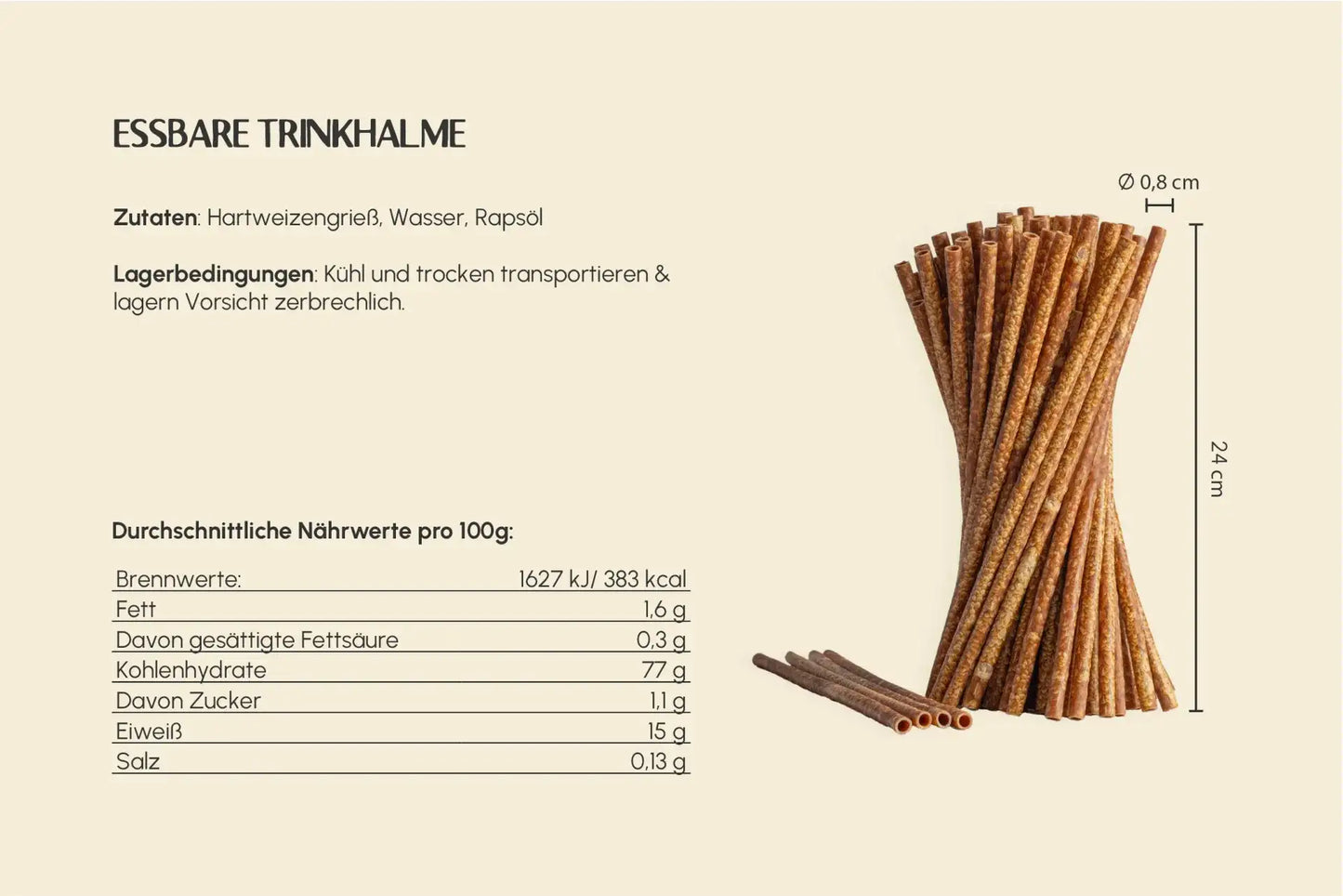 Essbarer Trinkhalm, Ø 0,8 x H 24 cm, Klassik (10er Packung)